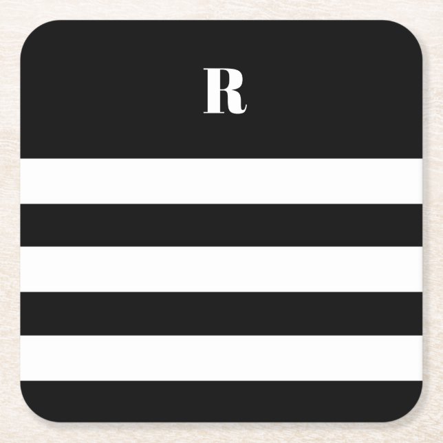 Personalised Black & White Striped   Square Paper Coaster (Front)