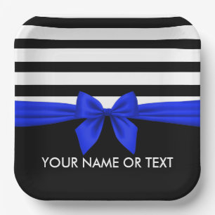 Personalised Black,white Stripes festive Blue Bow Paper Plate