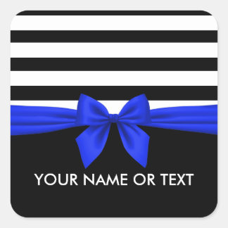 Personalised Black,white Stripes festive Blue Bow Square Sticker