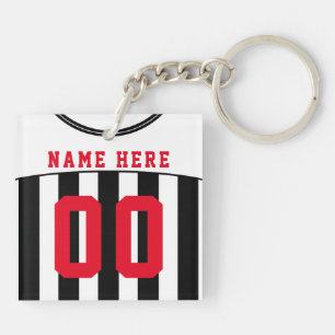 Personalised Black & White Stripes Soccer Jersey Key Ring