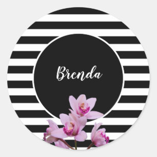 Personalised Black & White Stripes with Orchids Classic Round Sticker