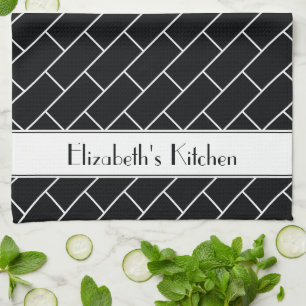 Personalised Black White Subway Tile Brick Tea Towel