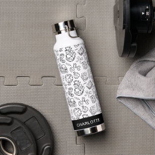 Personalised Black & White Teacher School Doodle Water Bottle