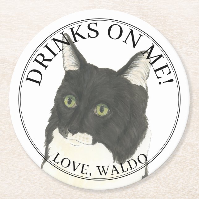 Personalised Black & White Tuxedo Ragamuffin Cat Round Paper Coaster (Front)