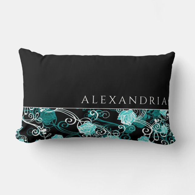 Personalised Black & White with Teal Rose Pattern Lumbar Cushion (Front)