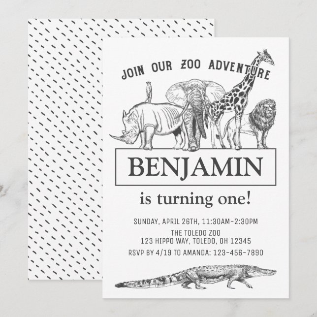Personalised Black & White Zoo Animals Birthday Invitation (Front/Back)