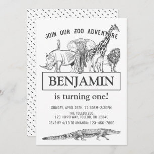 Personalised Black & White Zoo Animals Birthday Invitation