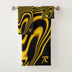 Personalised Black Yellow Gold Swirls Texture Bath Towel Set