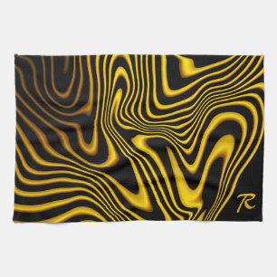 Personalised Black Yellow Gold Swirls Texture Tea Towel