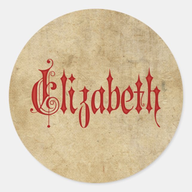 Personalised Blackletter Parchment Elizabeth Red Classic Round Sticker (Front)
