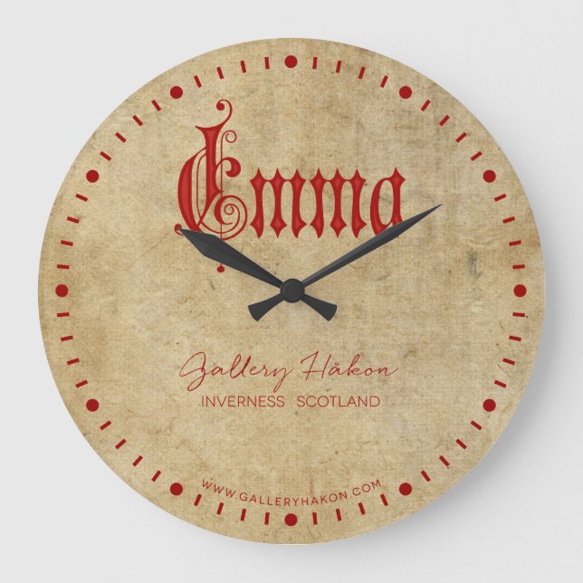 Personalised Blackletter Parchment Emma Red Large Clock (Front)