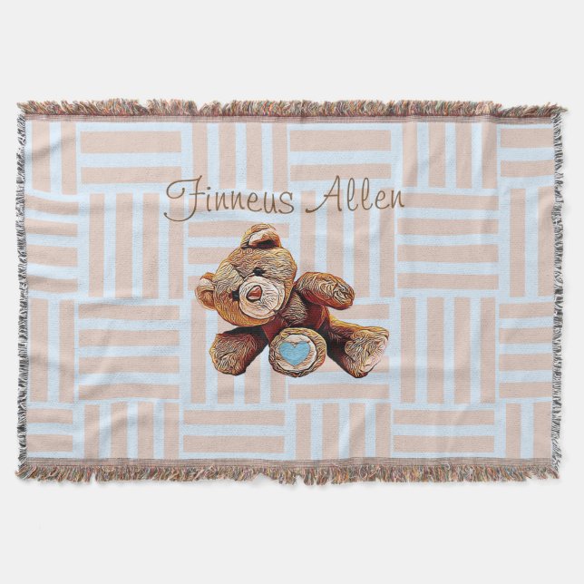 Personalised Blanket, Teddy Bear Blue and Brown Throw Blanket (Front)