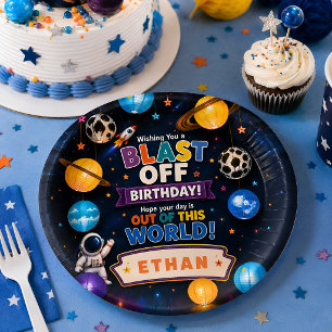 Personalised Blast Off Space Birthday Party Paper Plate