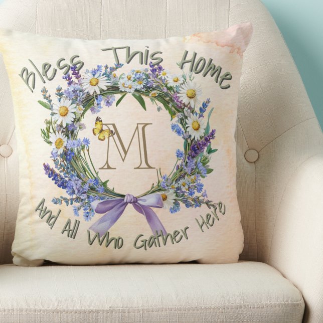 Personalised 'Bless This Home' Wildflower Wreath Cushion (Creator Uploaded)