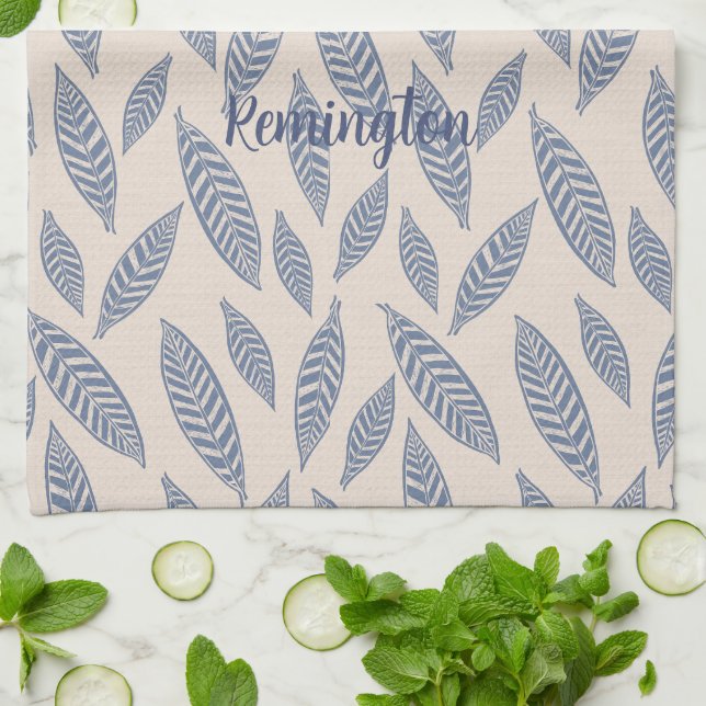 Personalised Block Print Leaves Kitchen Tea Towel (Folded)