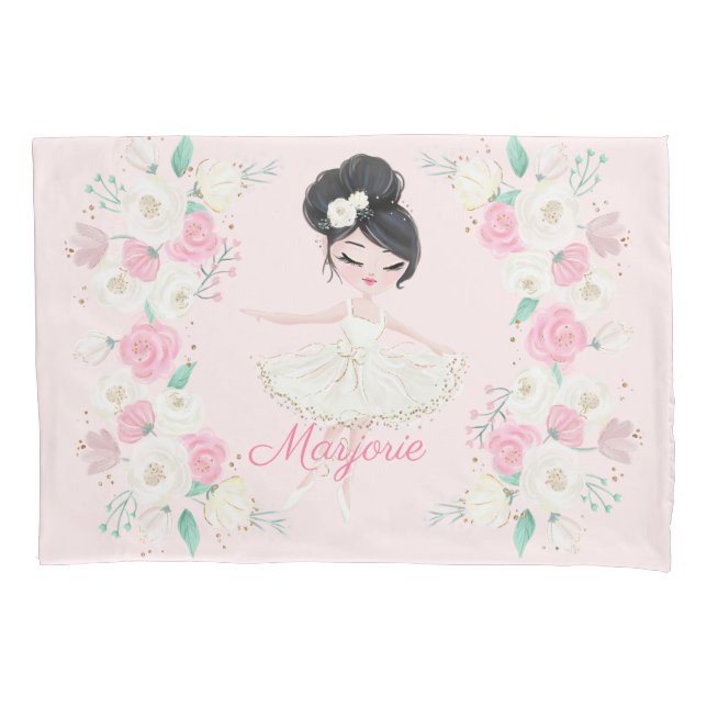 Personalised Blonde Ballerina Pink Floral Pillow C Pillowcase (Front)