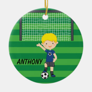 Personalised Blonde Haired Soccer Boy Christmas Ceramic Ornament