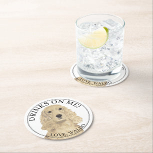 Personalised Blonde Tan Cocker Spaniel Dog Wedding Round Paper Coaster