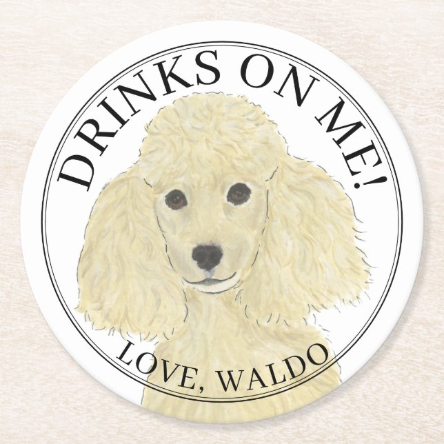Personalised Blonde Tan Golden Poodle Dog Wedding Round Paper Coaster (Front)