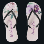 Personalised Blooming botanical purple bridesmaid Thongs<br><div class="desc">Watercolor botanical floral and greenery in blush,  peach and purple,  elegant and romantic,   great personalised bridesmaid gifts</div>