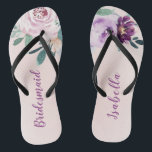 Personalised Blooming botanical purple bridesmaid Thongs<br><div class="desc">Watercolor botanical floral and greenery in blush,  peach and purple,  elegant and romantic,   great personalised bridesmaid gifts</div>