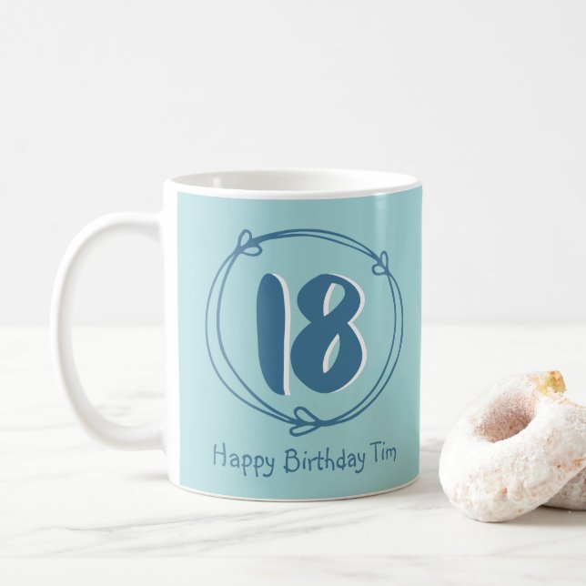 Personalised Blue 18th Birthday Gift Coffee Mug (With Donut)