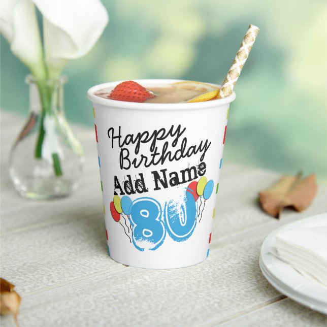 Personalised Blue 80th Birthday Paper Cups (Insitu)