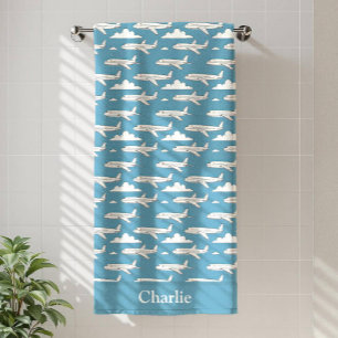 Personalised Blue Aeroplane Kids Bath Towel