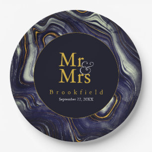 Personalised Blue Agate Wedding Mr Mrs Paper Plate