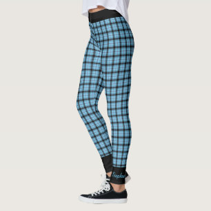 Personalised Blue and Black Plaid with Black Trim Leggings