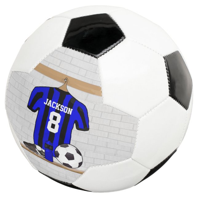 Personalised Blue and Black Striped Soccer Jersey Soccer Ball (Three Quarter)
