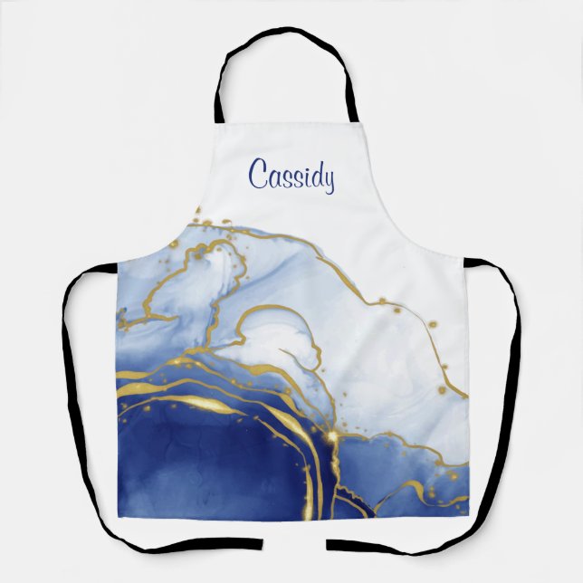Personalised Blue and Gold Glitter Apron (Front)