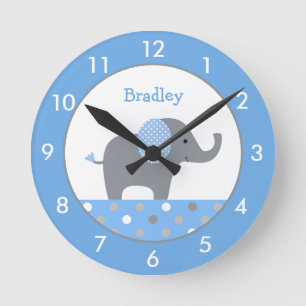 Personalised Blue and Grey Elephant Nursery Round  Clock