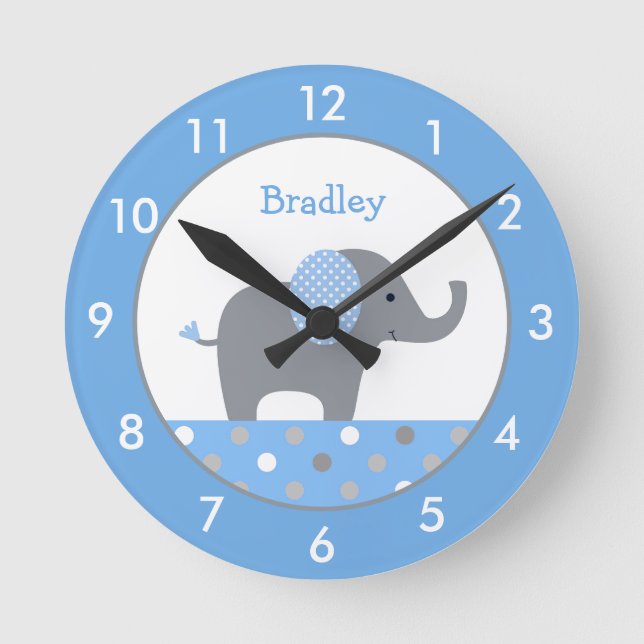 Personalised Blue and Grey Elephant Nursery Round  Clock (Front)