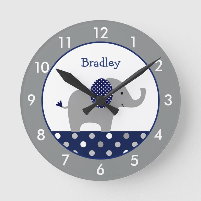 Personalised Blue and Grey Elephant Nursery Round  Round Clock (Front)