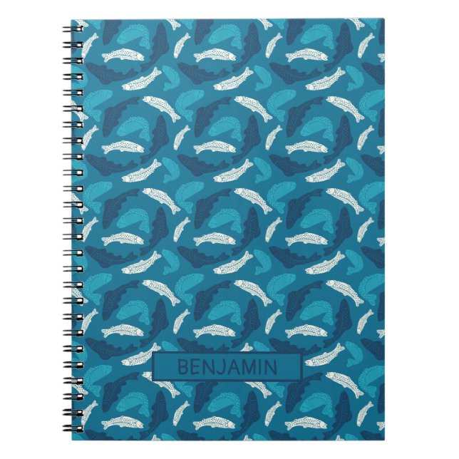Personalised Blue and Ivory Trout, Fish Patterned Notebook (Front)