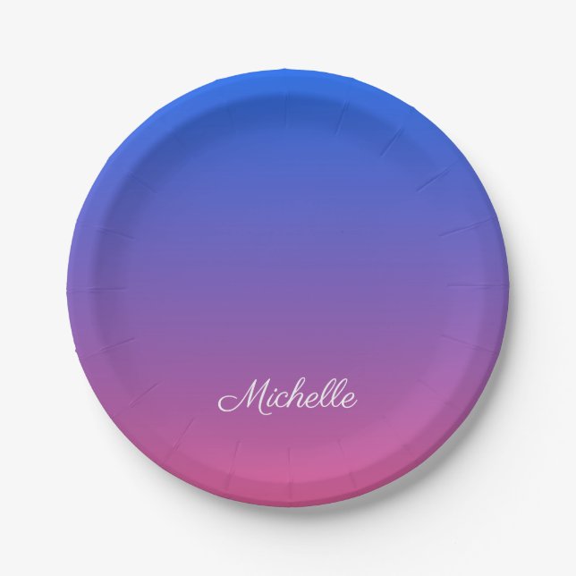 Personalised blue and pink ombre gradient paper plate (Front)