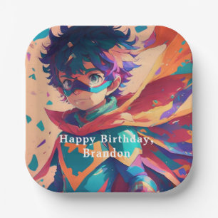 Personalised Blue and Red Anime Superhero Boy  Paper Plate