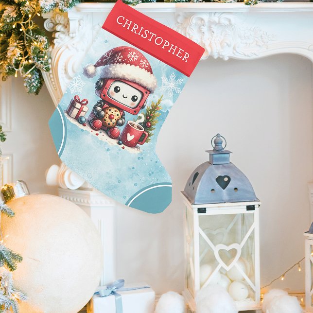 Personalised Blue and Red Cute Robot Small Christmas Stocking (Creator Uploaded)
