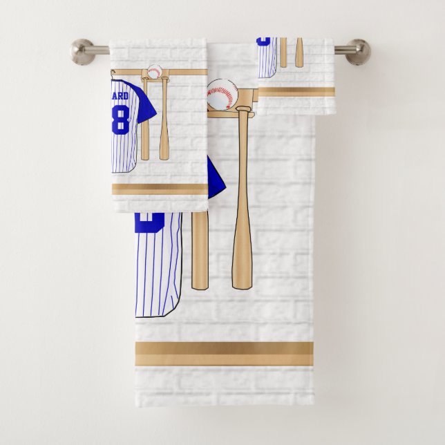 Personalised Blue and White Baseball Jersey Bath Towel Set (Insitu)