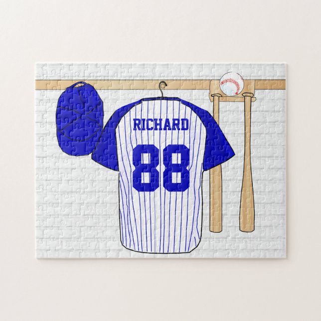 Personalised Blue and White Baseball Jersey Jigsaw Puzzle (Horizontal)