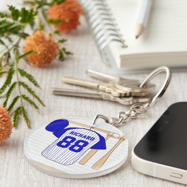 Personalised Blue and White Baseball Jersey Key Ring (Front Right)