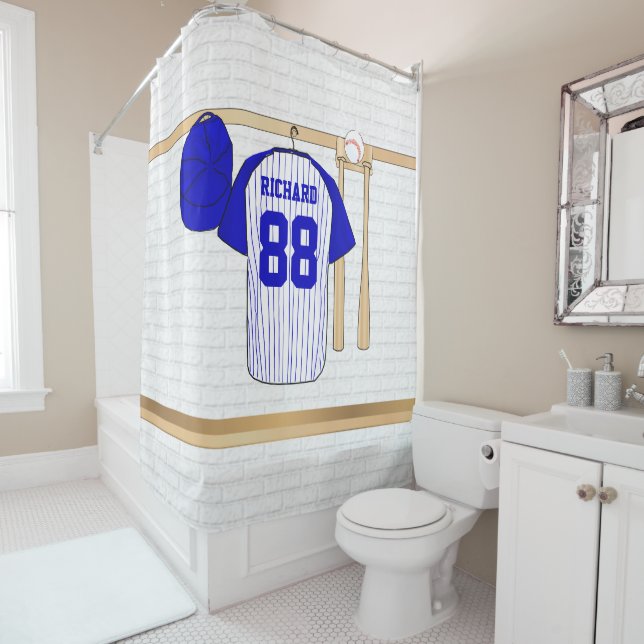 Personalised Blue and White Baseball Jersey Shower Curtain (In Situ)