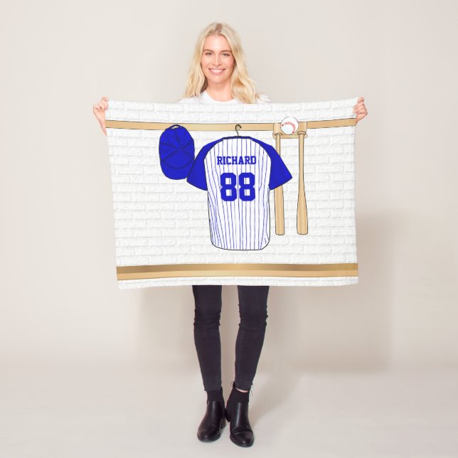 Personalised Blue and White Baseball t-ball Fleece Blanket (In Situ)