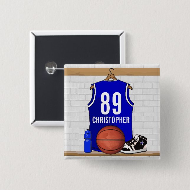 Personalised Blue and White Basketball Jersey 15 Cm Square Badge (Front & Back)