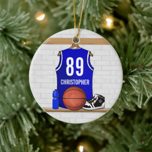 Personalised Blue and White Basketball Jersey Ceramic Tree Decoration