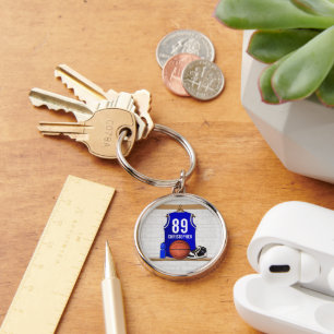 Personalised Blue and White Basketball Jersey Key Ring