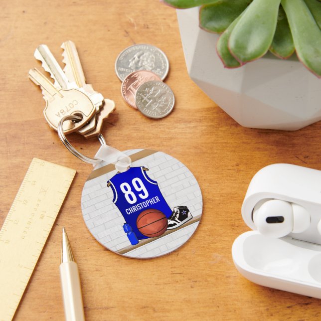 Personalised Blue and White Basketball Jersey Key Ring (Desk)