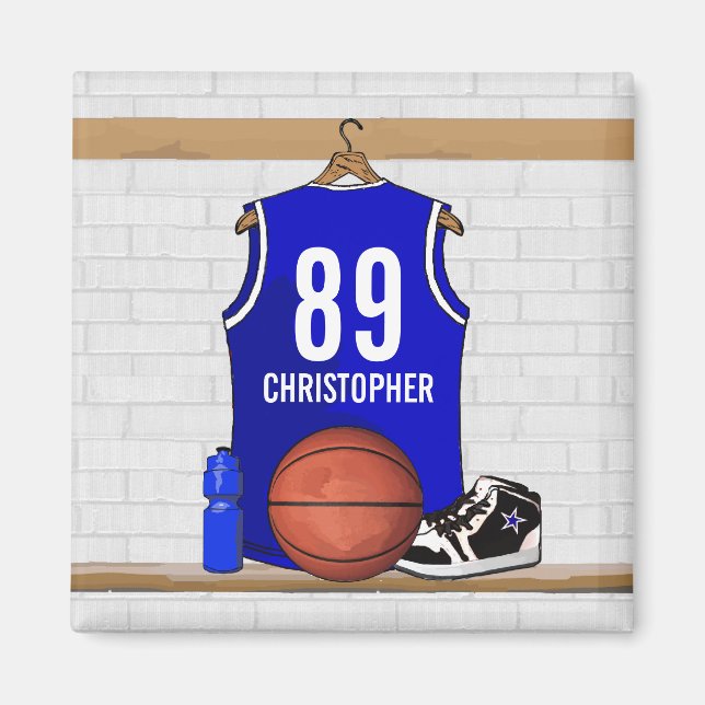 Personalised Blue and White Basketball Jersey Magnet (Front)