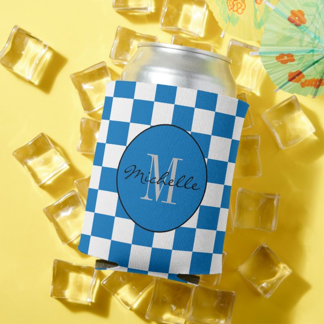 Personalised blue and white Chequerboard Pattern Can Cooler (In Situ Summer)
